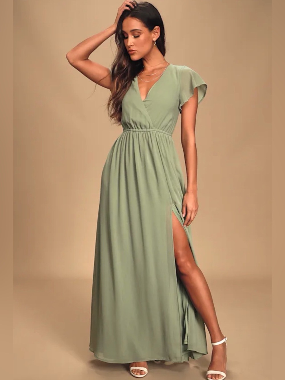 Lulus Sage Green Flutter Sleeve Maxi Dress large NWT